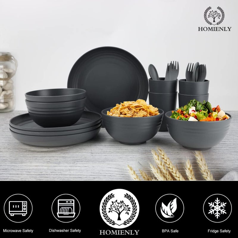 Homienly Wheat Straw Dinnerware Sets Homienly 20pcs Unbreakable Microwave Dishwasher Safe Tableware Lightweight Bowls Cups Plates Set Reusable Dinner Plates Bowls set Dark Grey - Image 5