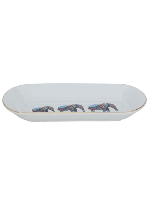 White oval serving plate with elephant pattern