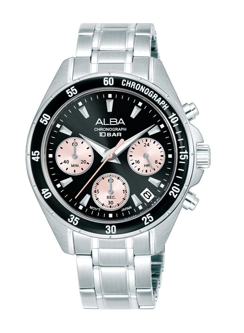 Alba Active Chronograph Women’s Watch AT3K93X1, 36 mm Black & Light Pink Dial, Stainless Steel Case & Bracelet, 100 m WR - Image 1