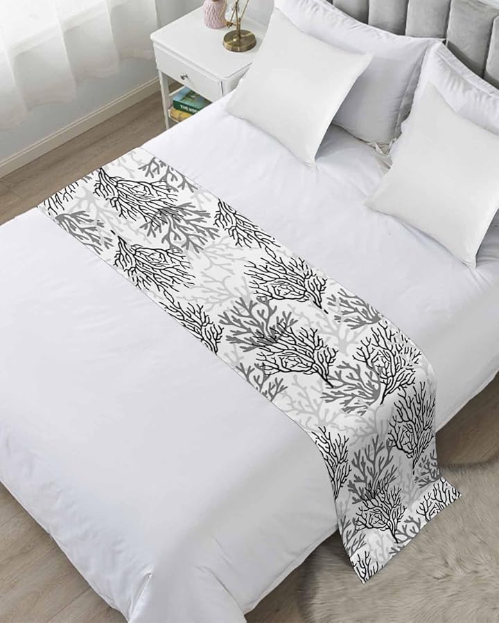 Black Gray Coral Coastal Bed Runner Queen Size 83x20 Inch Beach Bed Throw Sofa Scarf Protector - Image 1