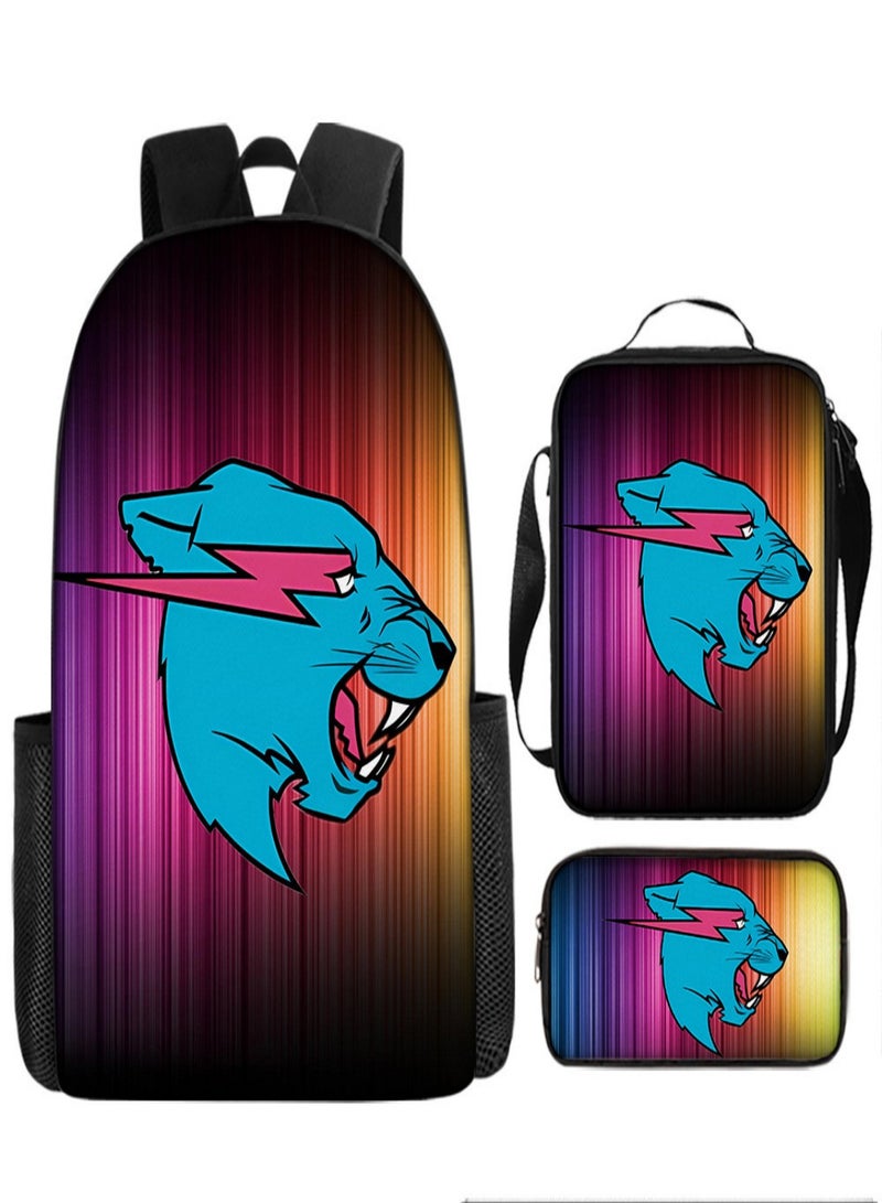 Mr Beast Lightning Children Backpack Schoolbag Teen Student School Book bag with Lunch Box Pen Case 3 in 1 for Kids