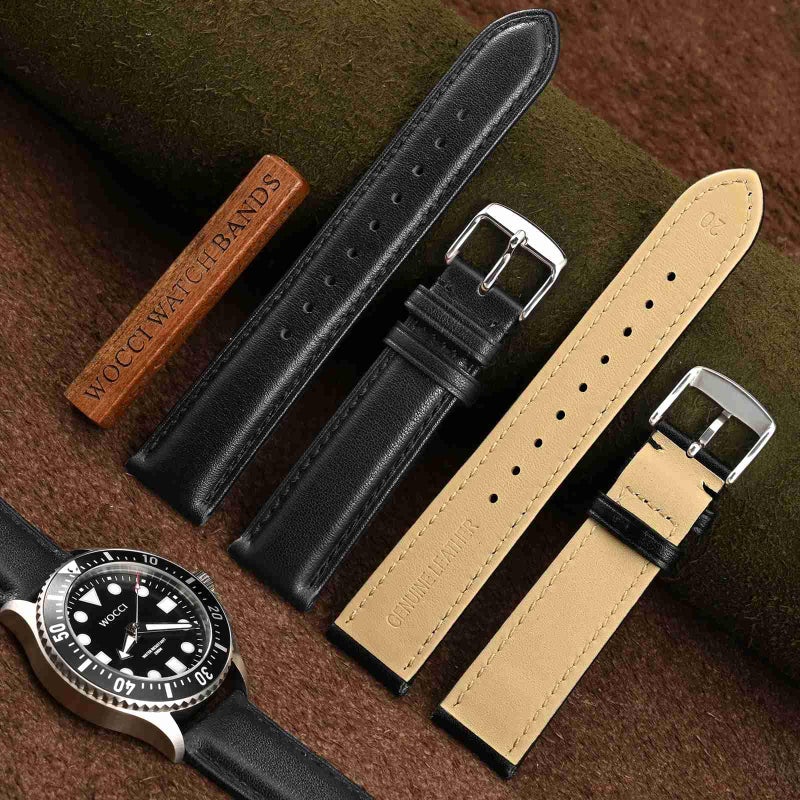 WOCCI 22mm Vintage Leather Watch Band for Men and Women, Silver Buckle (Black) - Image 2