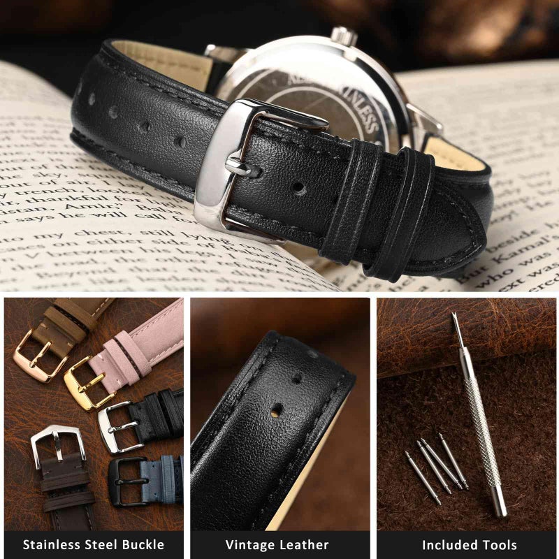 WOCCI 22mm Vintage Leather Watch Band for Men and Women, Silver Buckle (Black) - Image 3