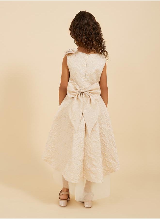 Styli Jacquard Mesh Hem Pleated Bow Detail Dress  - Image 4