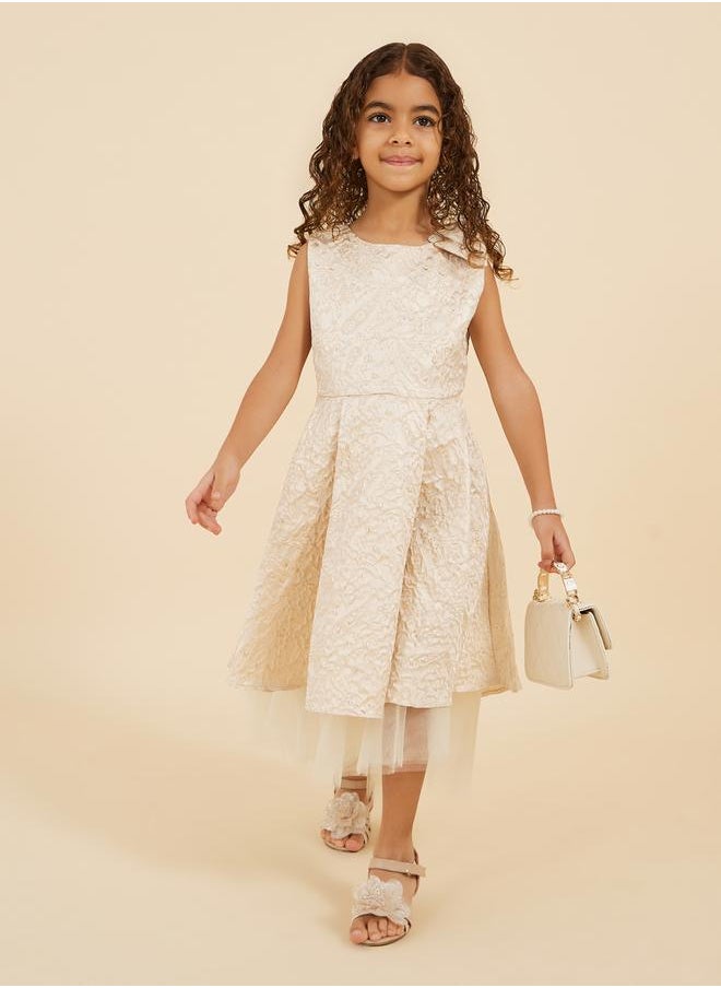 Styli Jacquard Mesh Hem Pleated Bow Detail Dress  - Image 1