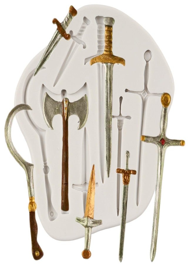 QDMOLDS Weapons Sword Silicone Mold Axe Knife Fondant Molds for Cake Decoration Cupcake Topper Chocolate Candy Sugar Craft Polymer Resin Clay Gum Paste - Image 1