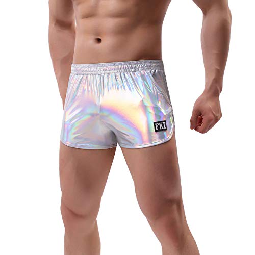 ABAFIP Men's Soft Stretchy Holographic Shiny Swim Boxer Briefs Trunks Shorts Hot Pants Bikini Swimsuit Stage Clubwear Silver Large - Image 3