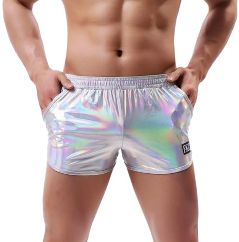ABAFIP Men's Soft Stretchy Holographic Shiny Swim Boxer Briefs Trunks Shorts Hot Pants Bikini Swimsuit Stage Clubwear Silver Large - Image 1