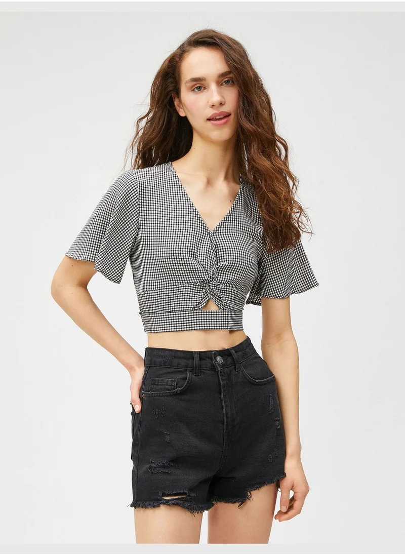 KOTON V Neck Cut Out Crop Blouse