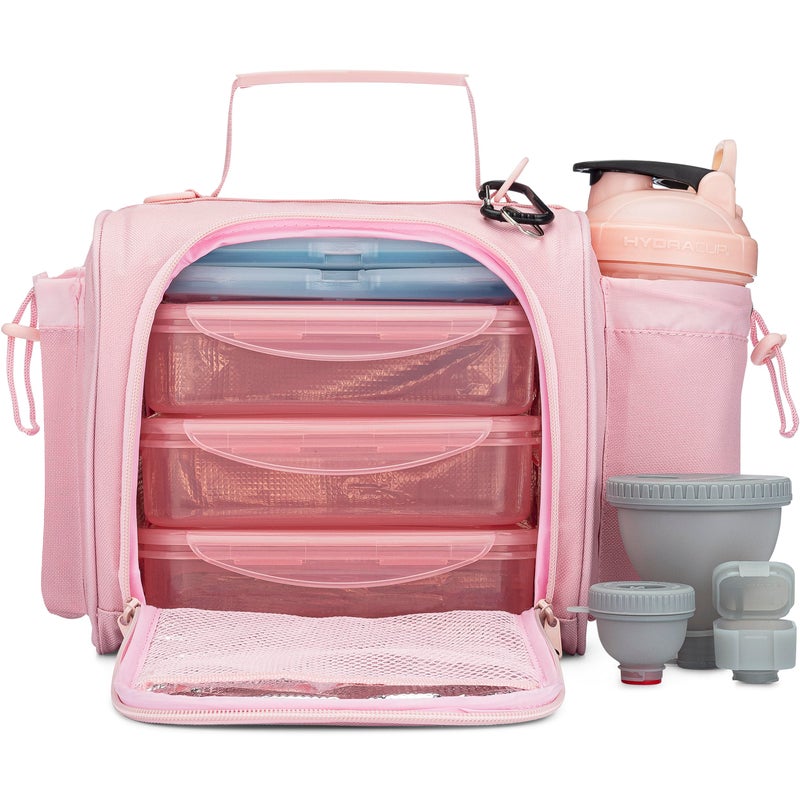 Hydra Cup Insulated Lunch Bag with Containers  Meal Prep Bag Included Ice Packs Shaker Bottle Protein Funnels  Luggage Strap Travel Meal Bag Pink