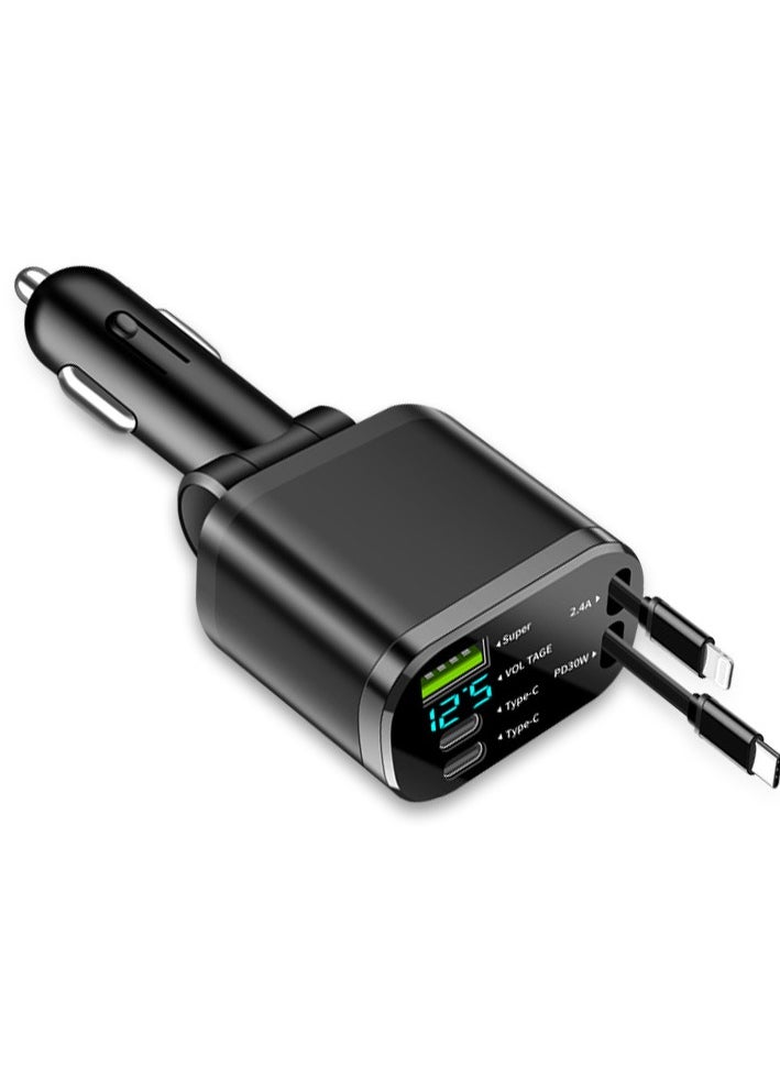 هيونداي - شاحن سيارة M4 Pingguo قابل للطي + كابل ممتد من النوع C PD30W + 100W شاشة رقمية شاحن سيارة كابل قابل للسحب PD شحن فائق السرعة خمسة في واحد محول طاقة سريع للسيارة PD لهاتف iPhone Type C شاحن سيارة بلوتوث USB قابس مع iPhone وSamsung وGalaxy وHuawei وXiaomi - Image 1
