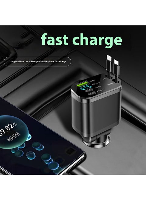 شاحن سيارة M4 Pingguo قابل للطي + كابل ممتد من النوع C PD30W + 100W شاشة رقمية شاحن سيارة كابل قابل للسحب PD شحن فائق السرعة خمسة في واحد محول طاقة سريع للسيارة PD لهاتف iPhone Type C شاحن سيارة بلوتوث USB قابس مع iPhone وSamsung وGalaxy وHuawei وXiaomi