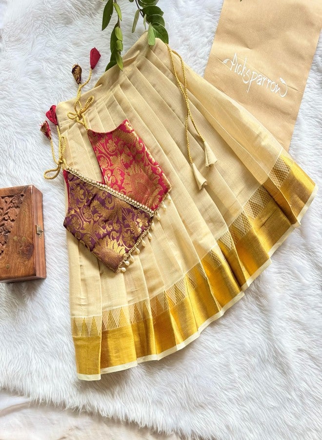 Picksparrow Baby Girl Onam Pattu pavadai/Lehenga Choli (WRAP-Temple Border) (Brown-Maroon, 1-2 Years) - Image 2