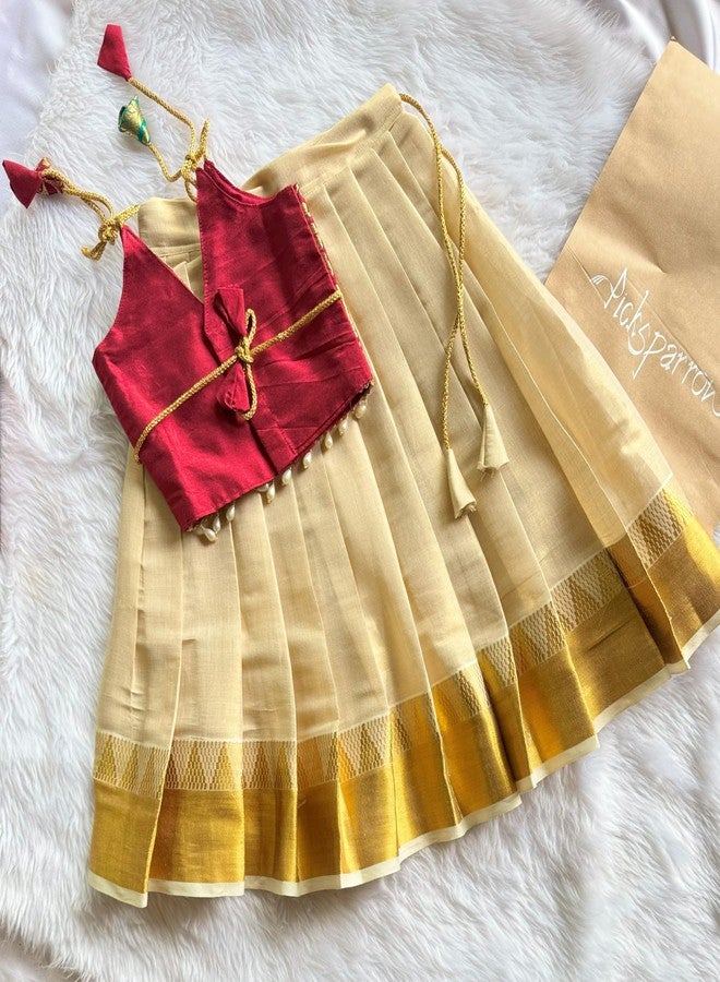 Picksparrow Baby Girl Onam Pattu pavadai/Lehenga Choli (WRAP-Temple Border) (Brown-Maroon, 1-2 Years) - Image 3