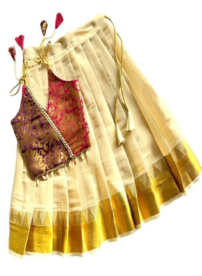 Picksparrow Baby Girl Onam Pattu pavadai/Lehenga Choli (WRAP-Temple Border) (Brown-Maroon, 1-2 Years) - Image 1