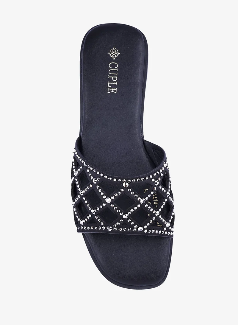 Cuple Black Womens cut-out flat slide sandals for Women | Best Price UAE