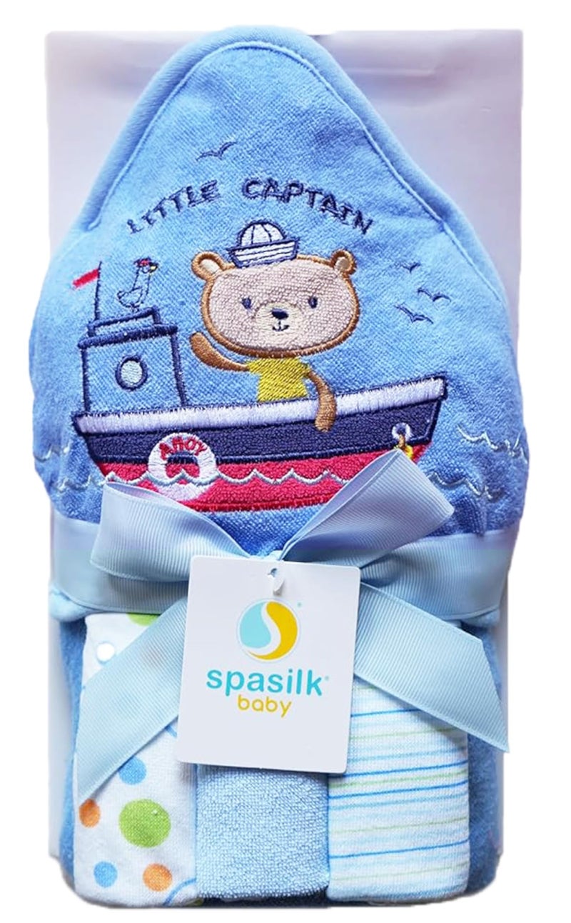 Spasilk Hooded Bath Towel And Washcloths Set For Newborns  1 Soft Terry Baby Towel And 3 Baby Washcloths  Baby Essentials  Ideal  One Size  Blue Sailor - Image 1