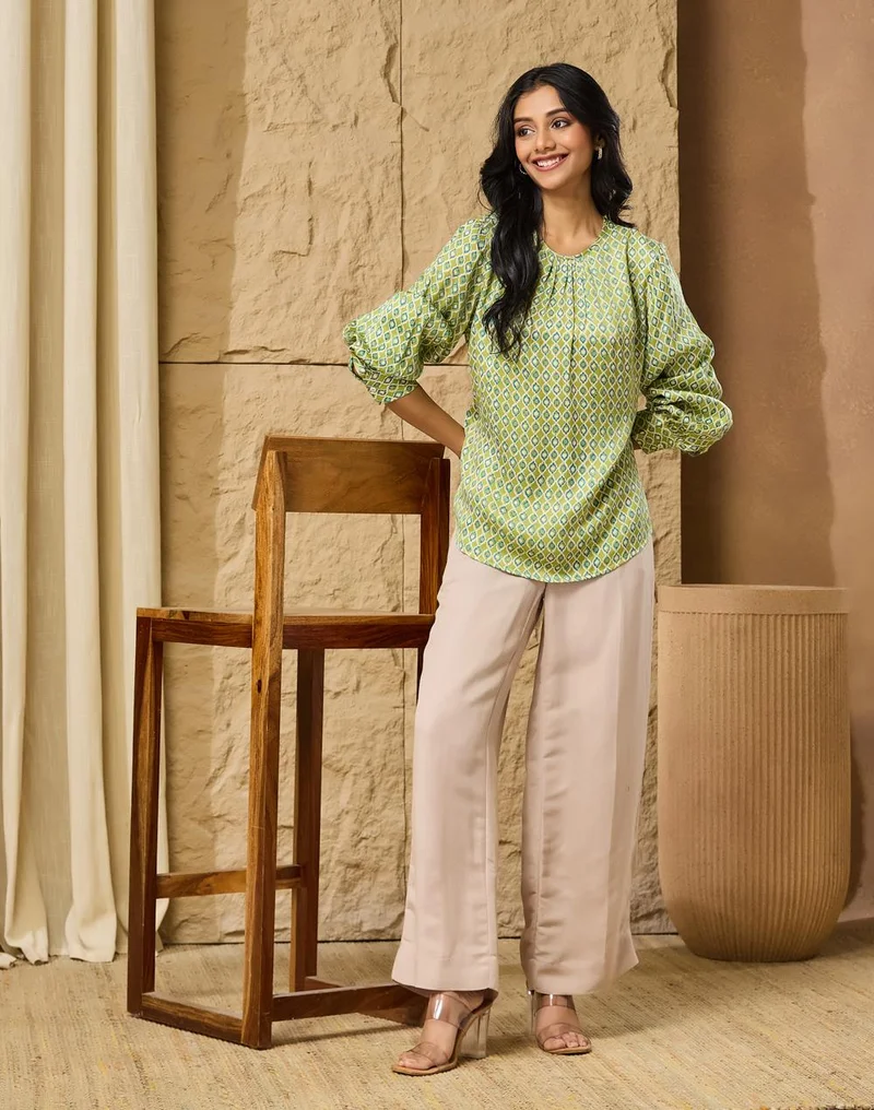 Fabindia  Green Rayon Blend Geometric Top for Women | Best Price UAE