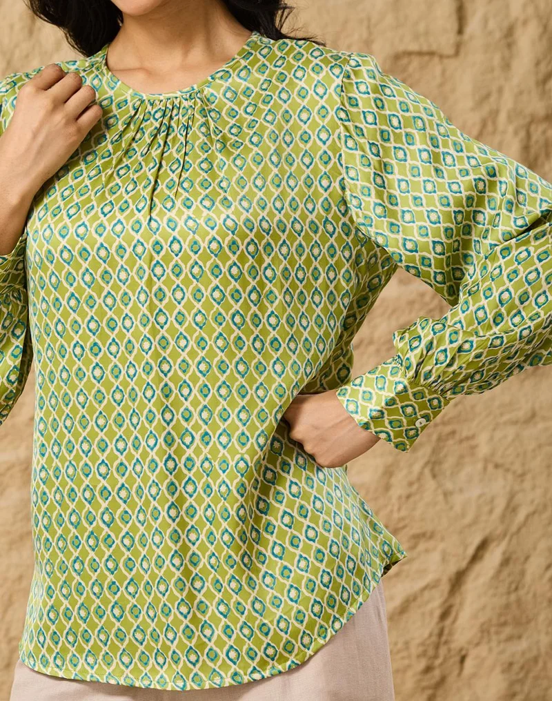 Fabindia  Green Rayon Blend Geometric Top for Women | Best Price UAE