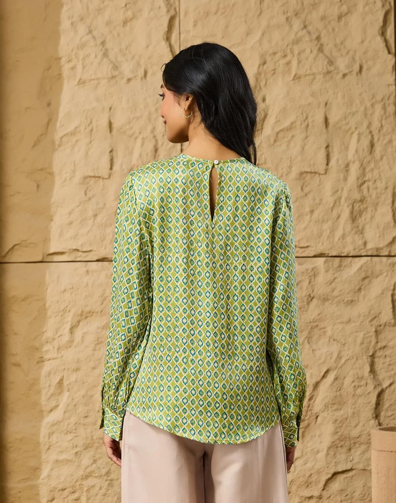 Fabindia  Green Rayon Blend Geometric Top for Women | Best Price UAE
