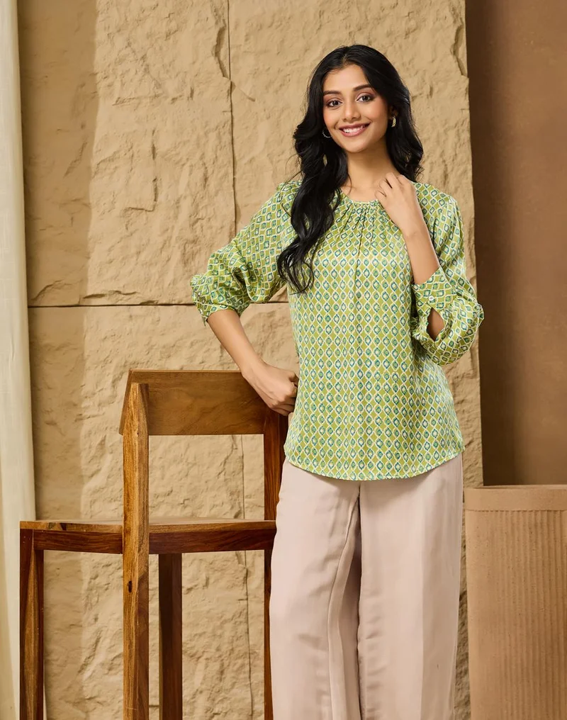 Green Rayon Blend Geometric Top