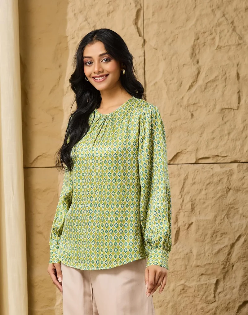 Fabindia  Green Rayon Blend Geometric Top for Women | Best Price UAE