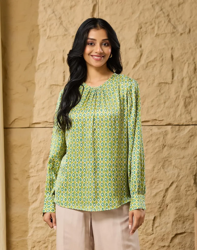 Fabindia  Green Rayon Blend Geometric Top for Women | Best Price UAE