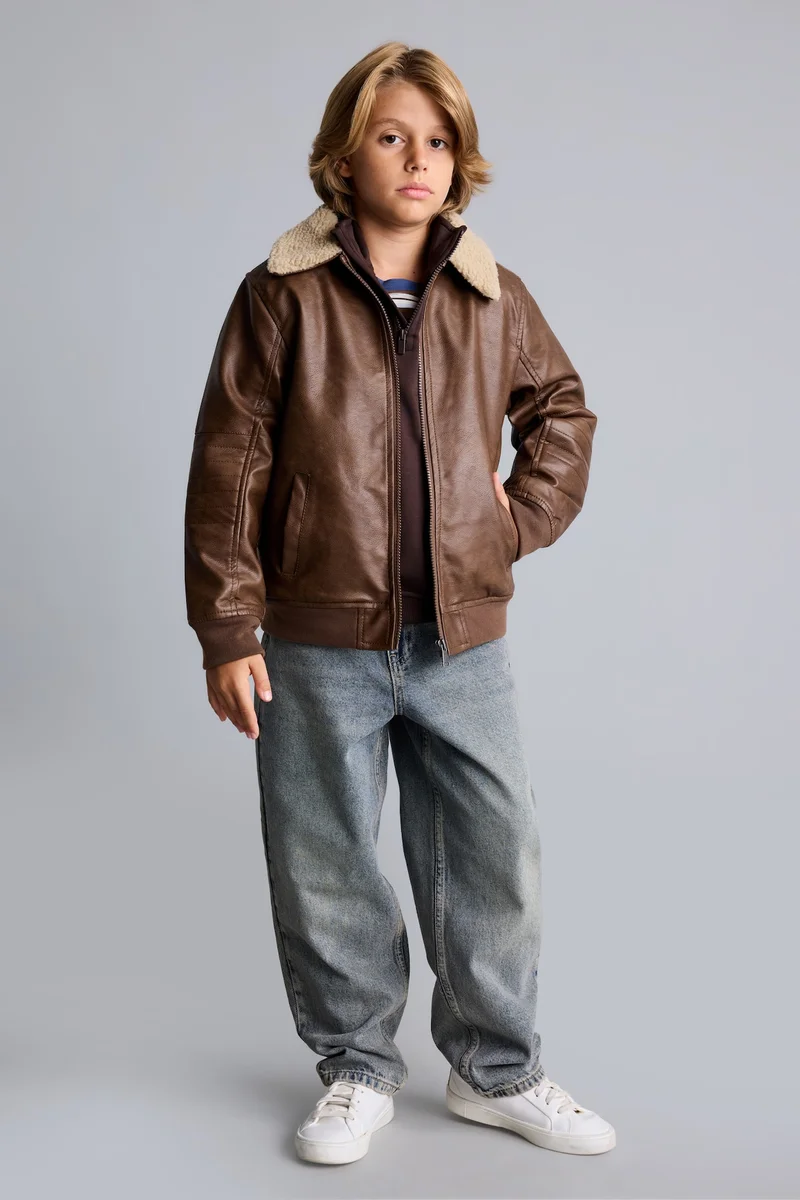 Defacto Boy Polo Collar Plush Faux Leather Jacket