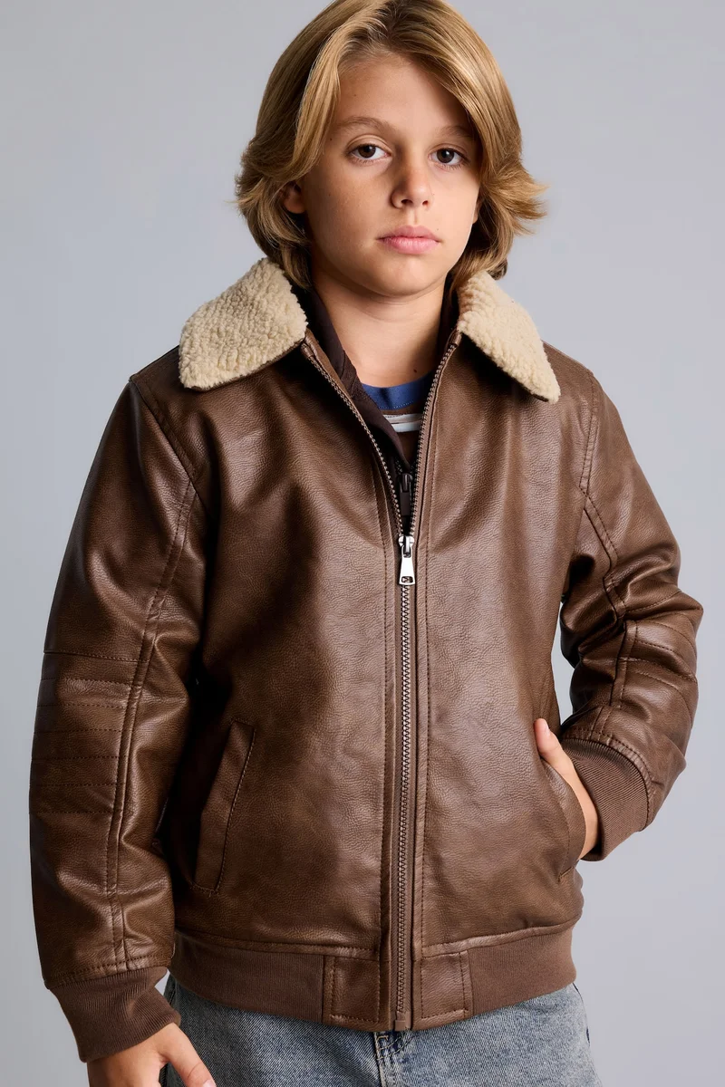 Defacto Boy Polo Collar Plush Faux Leather Jacket