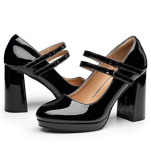 Trary Black Heels for Women, Mary Jane Shoes Platform Chunky Block High Heels with Buckle Strap Comfortable Dress Pumps for Office Party Casual Round Toe Pumps Shoes, Size 8 - Image 1