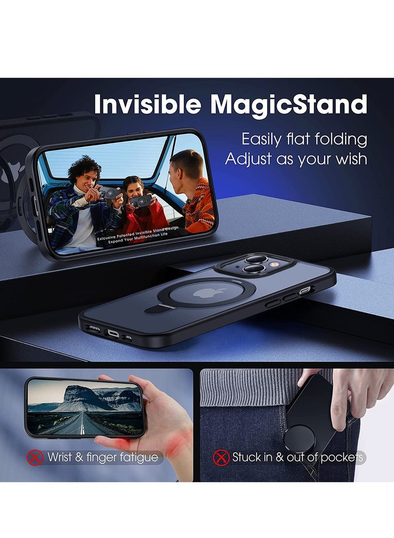 INFOSUN iPhone 14 Case with Magnetic Invisible Stand Cover Shockproof and Anti-Yellow Slim Thin Translucent Matte Protective Magsafe Case for Apple iPhone 14 6.1 inch - Black - Image 3