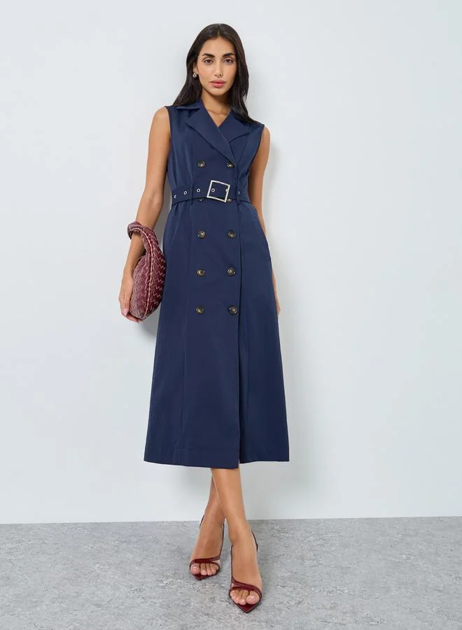 Styli Navy Blue Belted Blazer Midi Dress
