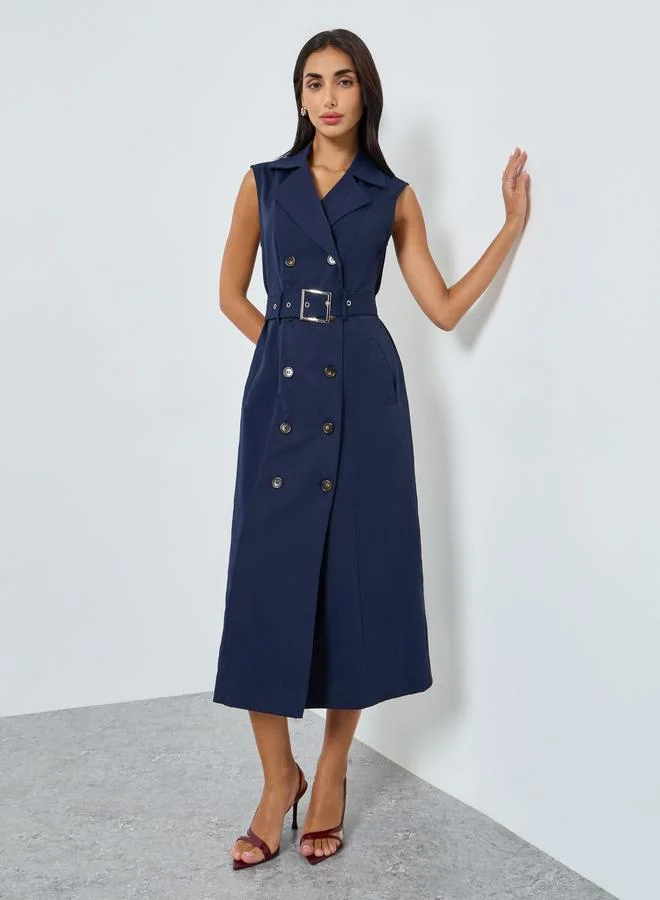 Styli Navy Blue Belted Blazer Midi Dress