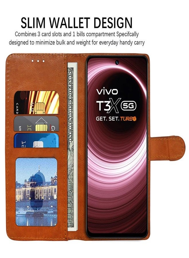 كاسوتيك جراب Casotec القلاب الخلفي لهاتف Vivo T3x 5G | مصنوع من الجلد الفاخر | مزود بجيوب وحامل مدمجين | جراب قلاب خلفي لهاتف Vivo T3x 5G (لون جملي أسود) - Image 4