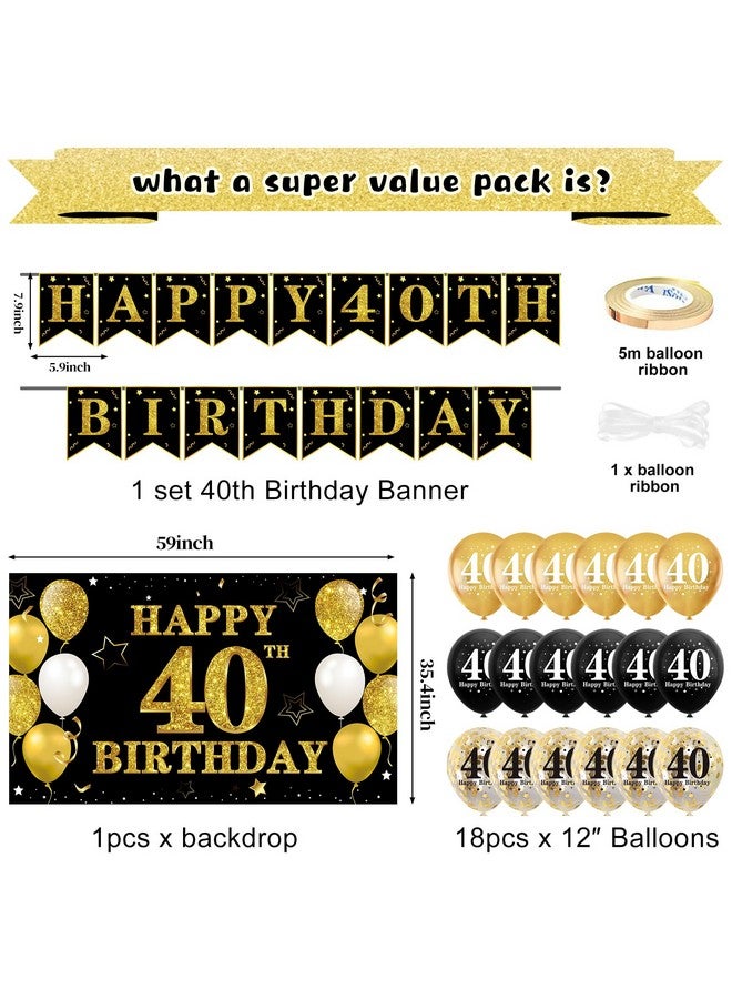 Excelloon 32Pcs 40th Birthday Decorations Kit for Men Women, Black Gold Happy 40 Birthday Banner Balloons Hanging Swirls Kit Party Supplies, Forty Year Old Birthday Backdrop Props Sign Decor - Image 3