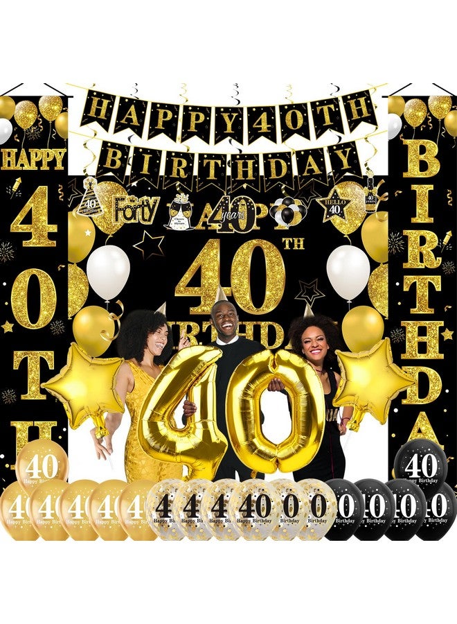 Excelloon 32Pcs 40th Birthday Decorations Kit for Men Women, Black Gold Happy 40 Birthday Banner Balloons Hanging Swirls Kit Party Supplies, Forty Year Old Birthday Backdrop Props Sign Decor - Image 1