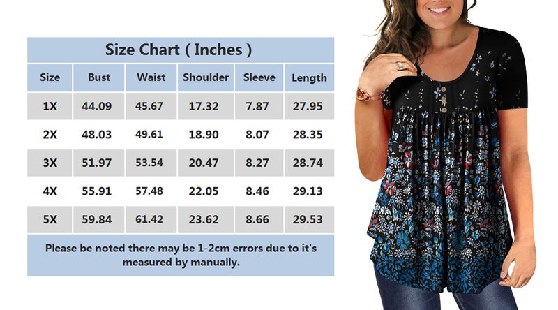 BeadChica Women's Plus Size Tunic Tops For Leggings Casual Summer Flowy Tshirts Ruched Botton Up Short Sleeve Blouses-Floral-2XL White Blue - Image 4