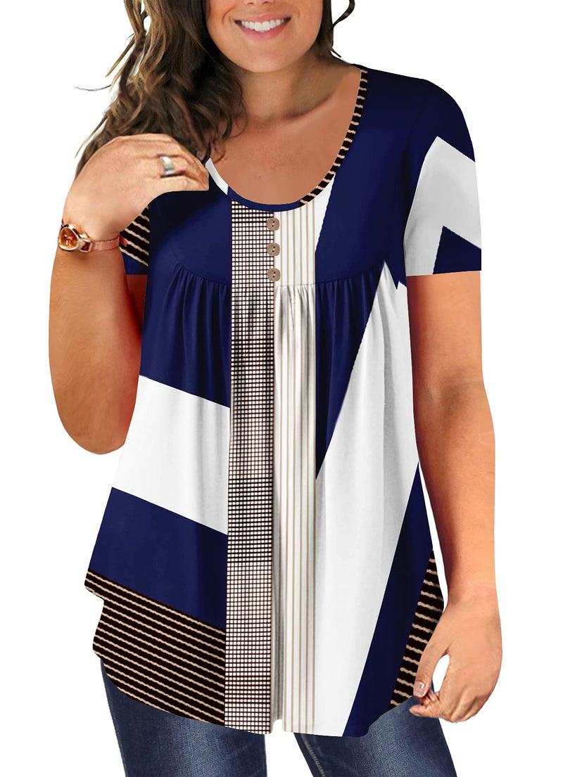 BeadChica Women's Plus Size Tunic Tops For Leggings Casual Summer Flowy Tshirts Ruched Botton Up Short Sleeve Blouses-Floral-2XL White Blue - Image 1