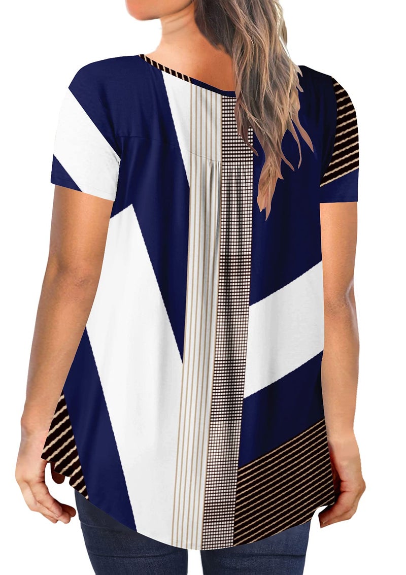 BeadChica Women's Plus Size Tunic Tops For Leggings Casual Summer Flowy Tshirts Ruched Botton Up Short Sleeve Blouses-Floral-2XL White Blue - Image 3
