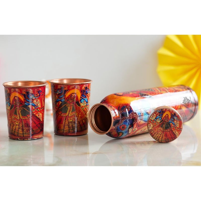INDIAN ART VILLA INDIAN ART VILLA Rajasthani Meena Padharo Mhare Desh Theme Copper Gift Set 1 Bottle 900 ML 2 Glasses 270 ML Each Best Gifting Option for Diwali New Year and Special Occasions - Image 4