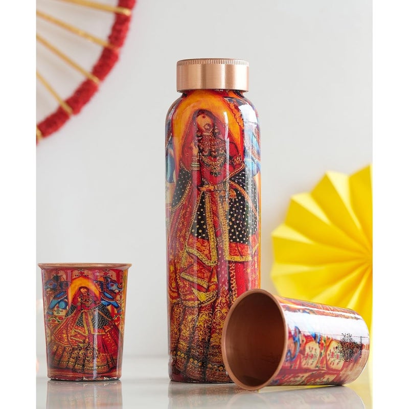 INDIAN ART VILLA INDIAN ART VILLA Rajasthani Meena Padharo Mhare Desh Theme Copper Gift Set 1 Bottle 900 ML 2 Glasses 270 ML Each Best Gifting Option for Diwali New Year and Special Occasions - Image 3