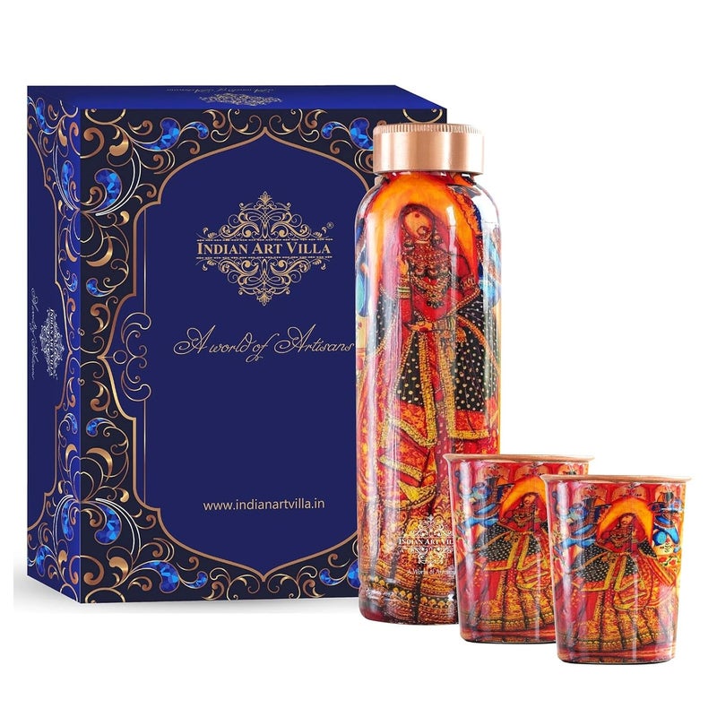 INDIAN ART VILLA INDIAN ART VILLA Rajasthani Meena Padharo Mhare Desh Theme Copper Gift Set 1 Bottle 900 ML 2 Glasses 270 ML Each Best Gifting Option for Diwali New Year and Special Occasions - Image 1