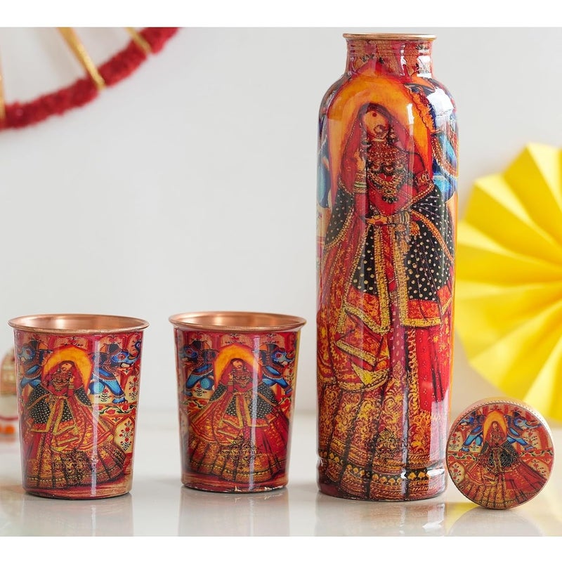 INDIAN ART VILLA INDIAN ART VILLA Rajasthani Meena Padharo Mhare Desh Theme Copper Gift Set 1 Bottle 900 ML 2 Glasses 270 ML Each Best Gifting Option for Diwali New Year and Special Occasions - Image 2