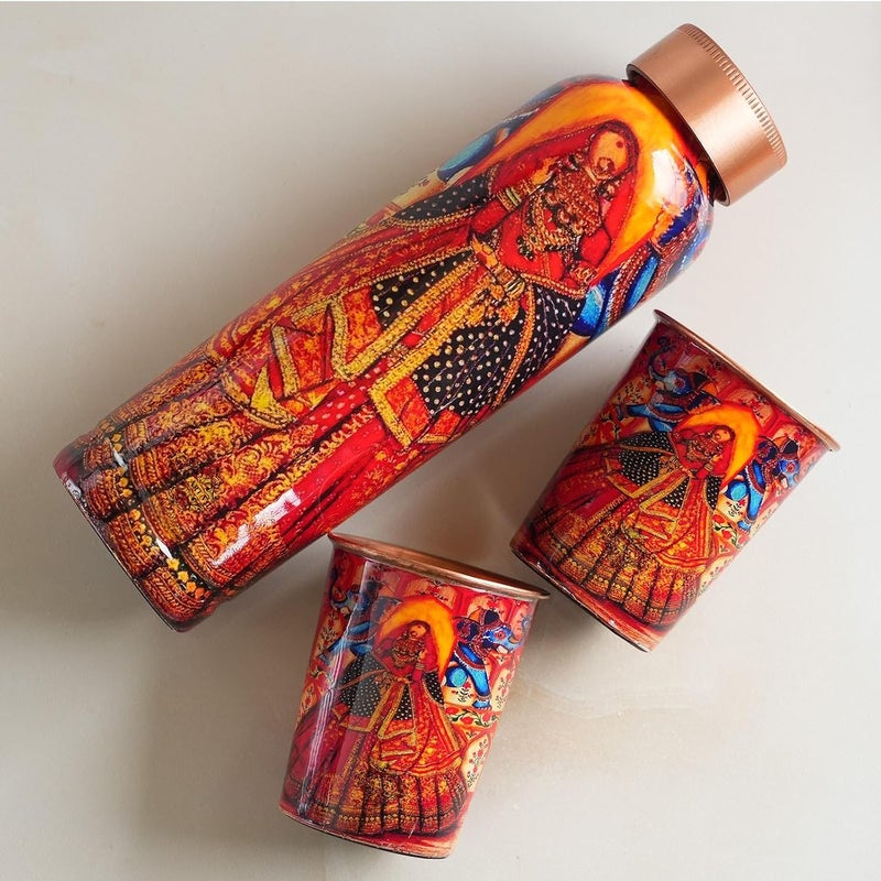INDIAN ART VILLA INDIAN ART VILLA Rajasthani Meena Padharo Mhare Desh Theme Copper Gift Set 1 Bottle 900 ML 2 Glasses 270 ML Each Best Gifting Option for Diwali New Year and Special Occasions - Image 5
