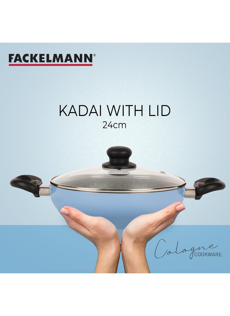 FACKELMANN Fackelmann 3 pcs Cookware, 24 CM Frying Pan and 24 CM Non Stick Kadai with Glass Lid|Cologne Range | 3 Layer Non Stick Greblon Coating | Riveted Handles for Strong Hold (Aluminium, Blue)  - Image 4