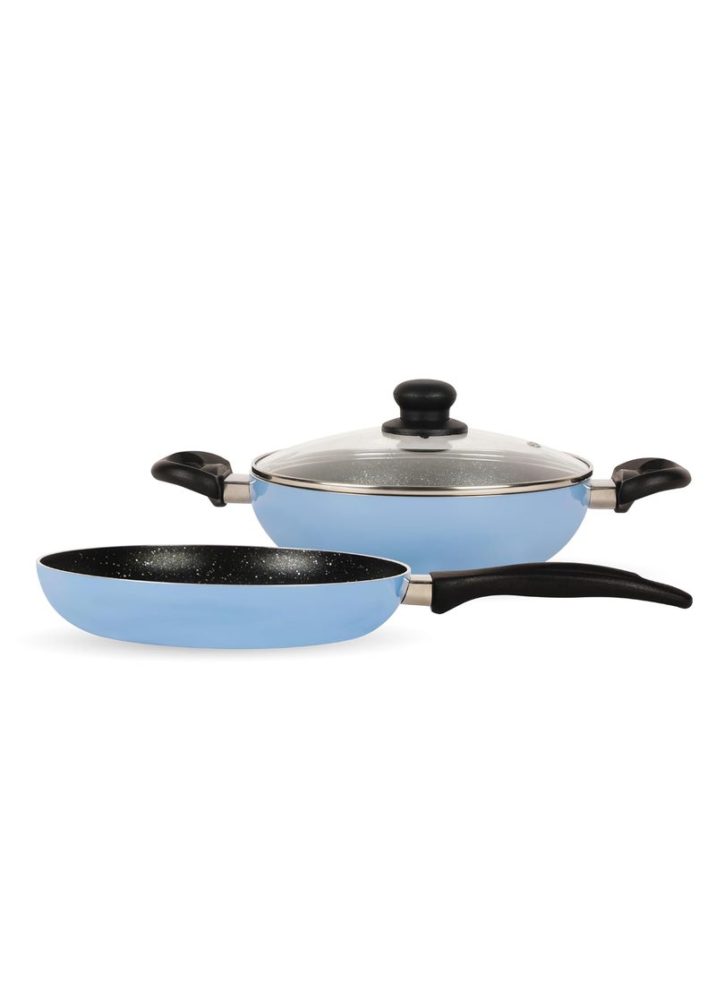 FACKELMANN Fackelmann 3 pcs Cookware, 24 CM Frying Pan and 24 CM Non Stick Kadai with Glass Lid|Cologne Range | 3 Layer Non Stick Greblon Coating | Riveted Handles for Strong Hold (Aluminium, Blue)  - Image 1