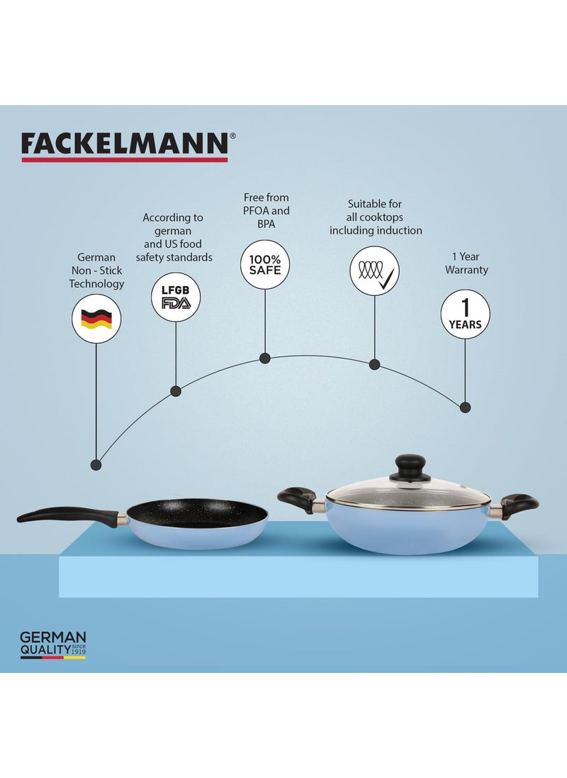 FACKELMANN Fackelmann 3 pcs Cookware, 24 CM Frying Pan and 24 CM Non Stick Kadai with Glass Lid|Cologne Range | 3 Layer Non Stick Greblon Coating | Riveted Handles for Strong Hold (Aluminium, Blue)  - Image 2