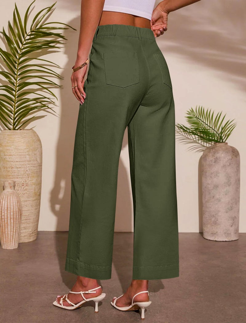 Eddoyee Womens Wide Leg Ankle Pants, High Waisted Straight Leg Stretch Casual Elastic Waist Cropped Pants Army Green - Image 2