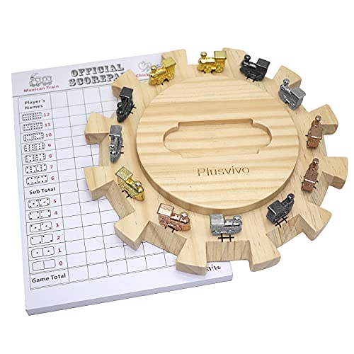 plusvivo Mexican Train Dominoes Accessories SetIncluding a 789Inch Wooden Mexican Train Hub up to 12 Players 12 Metal Train Markers and a 70Sheet Mexican Train Score Pads - Image 1