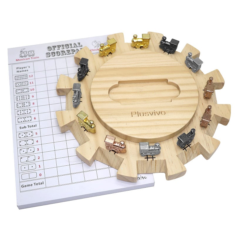 plusvivo Mexican Train Dominoes Accessories SetIncluding a 789Inch Wooden Mexican Train Hub up to 12 Players 12 Metal Train Markers and a 70Sheet Mexican Train Score Pads - Image 4
